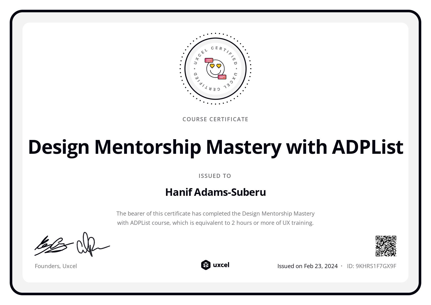 Hanif Adams-Suberu's certificate
